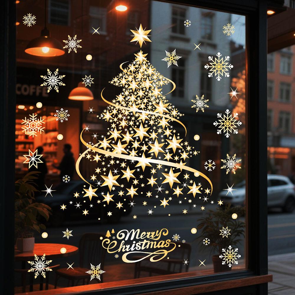 Christmas Decoration Window Stickers Golden Xmas Tree Window Clings Stickers Glass Mirror Sticker New Year Door Mural Sticker