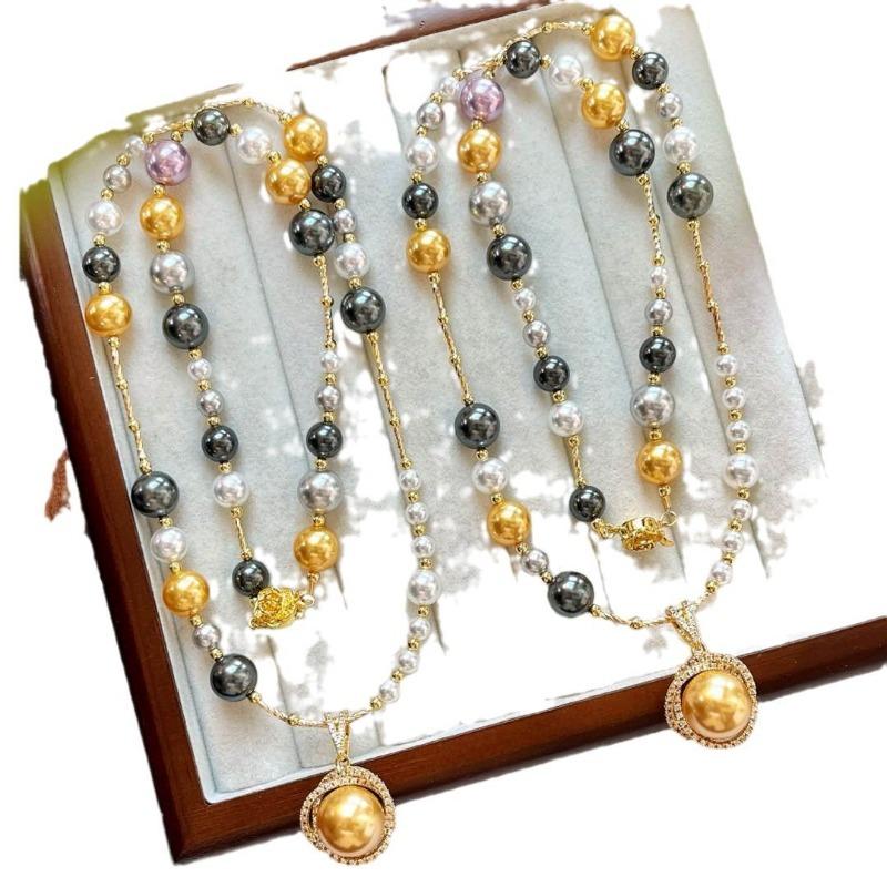 Gold Plated Multi-Tone Mixed Pearl Chain Necklace With Double Halo Golden Pearl Pendant
