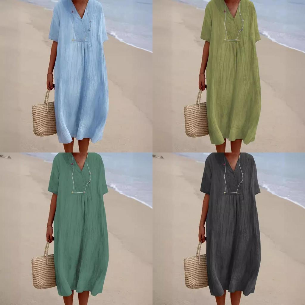 Cotton Linen Casual Dress With Vneck For Summer Womens Fashion