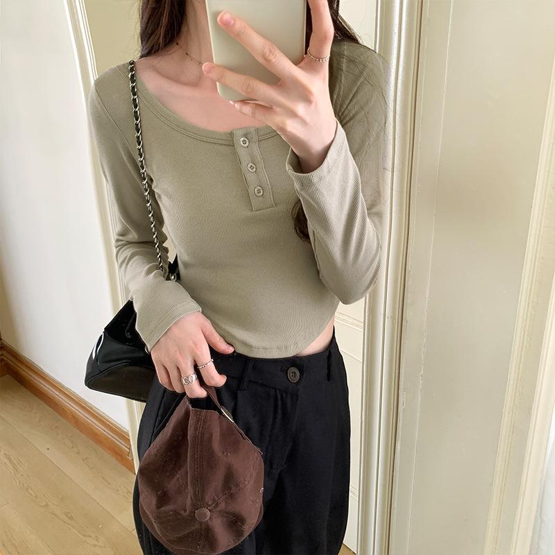 Design Niche White Short Bottoming Shirt for Women Autumn New Long-sleeved T-shirt Clavicle Hot Girl Top