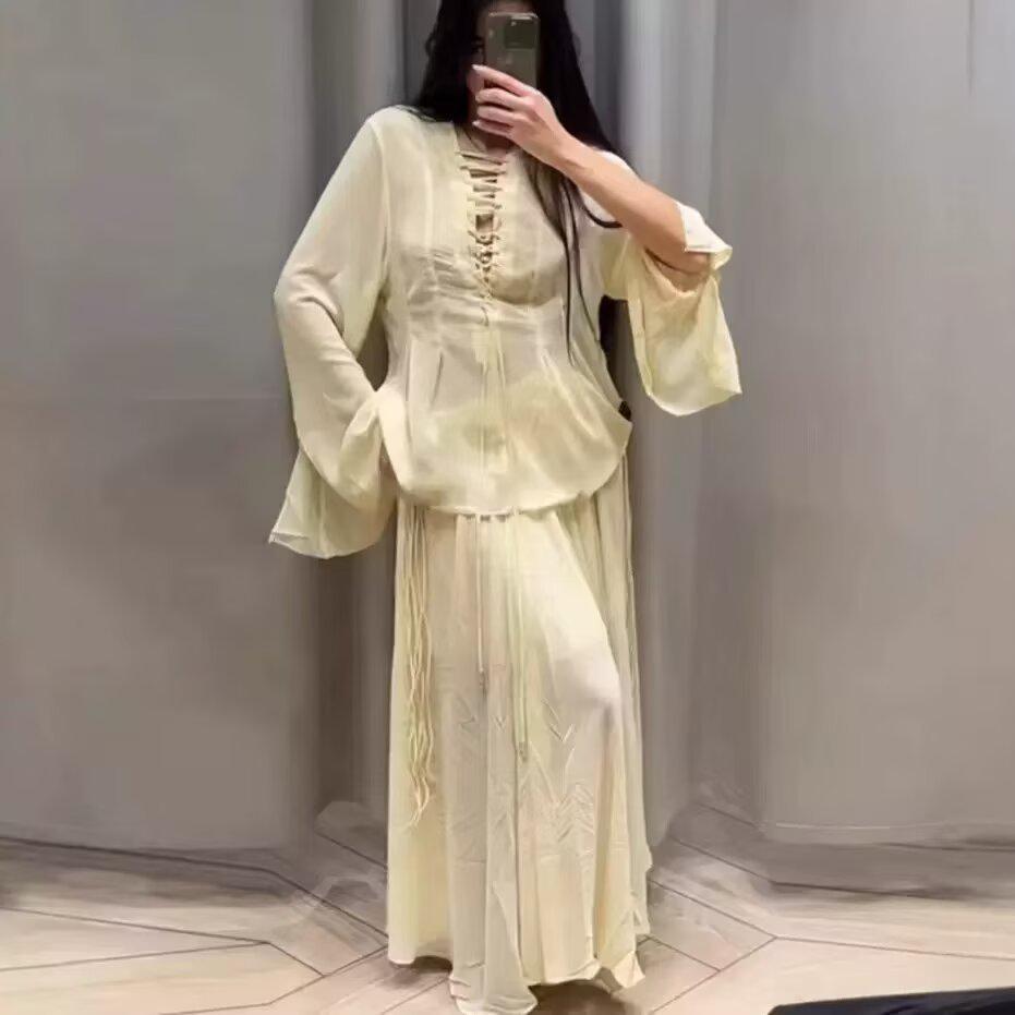 European & American Women's V-Neck Tie-Waist Fashion Casual Shirt