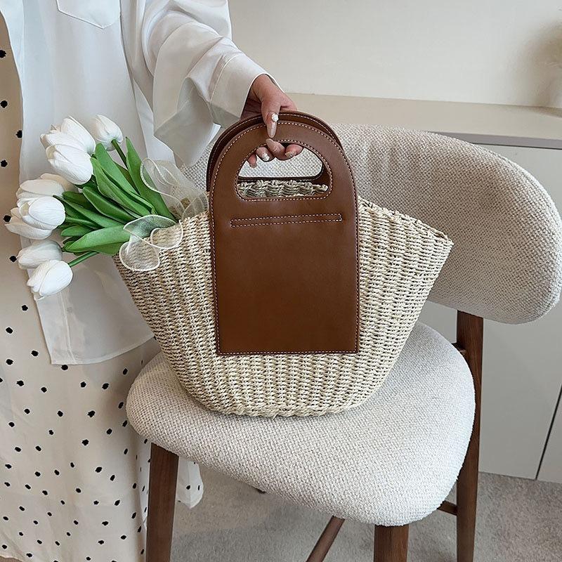 New Block Straw Bag Large Capacity Hand-woven Bag Vegetable Basket Handbag Casual Women's Bag Vacation Beach Bag