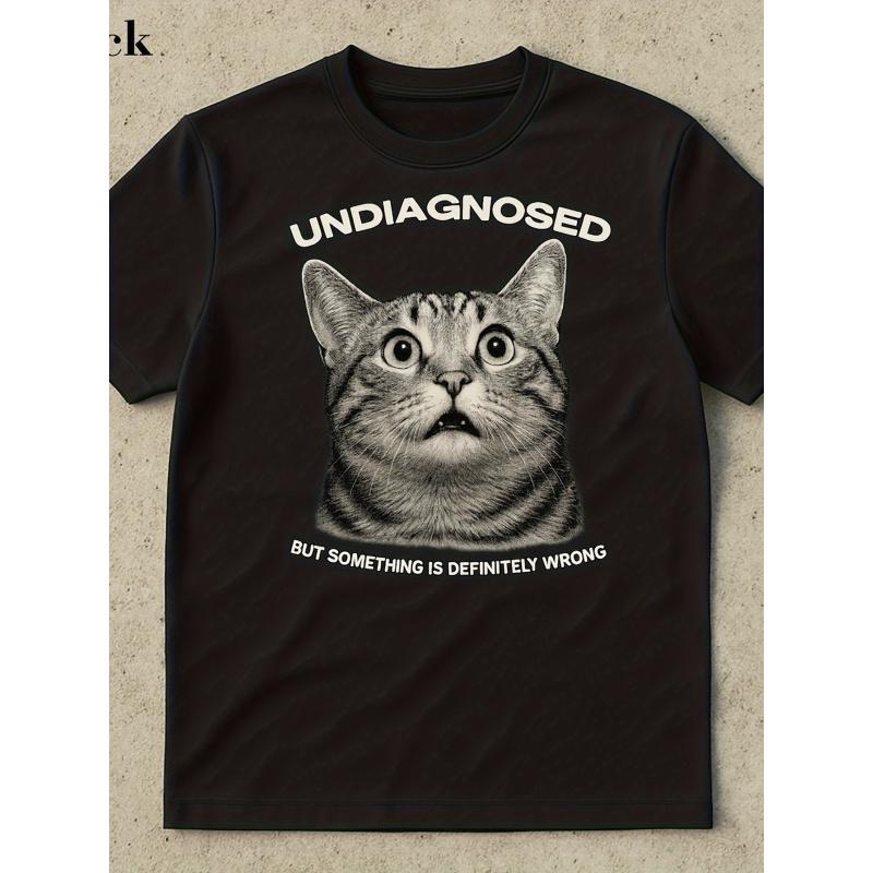 Humorous T-Shirt Featuring an Undiagnosed Cursed Cat Meme - Ironic Print of a Tabby Cat'S Face with The Phrase 'Undiagnosed But Something'S Off',