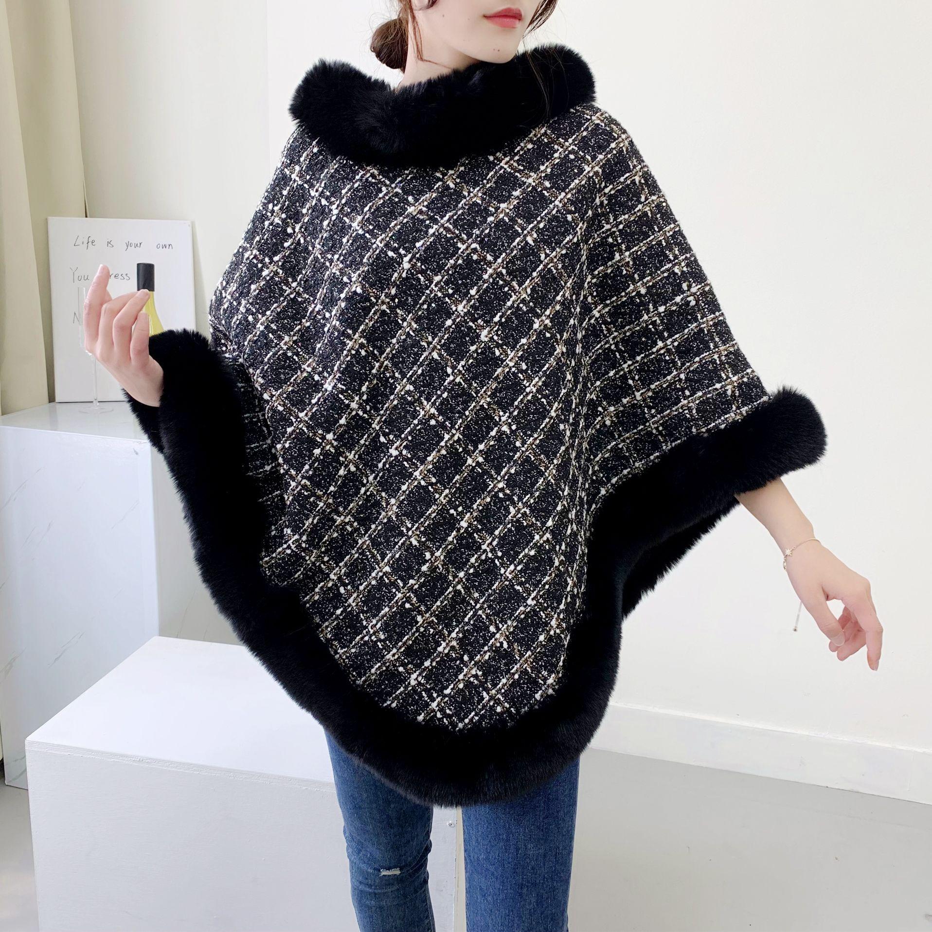 Korean-Style Women s Fur Collar Cashmere Cape AutumnWinter Knit Pullover Sweater Shawl 60-80cm темно-синий 3529₽