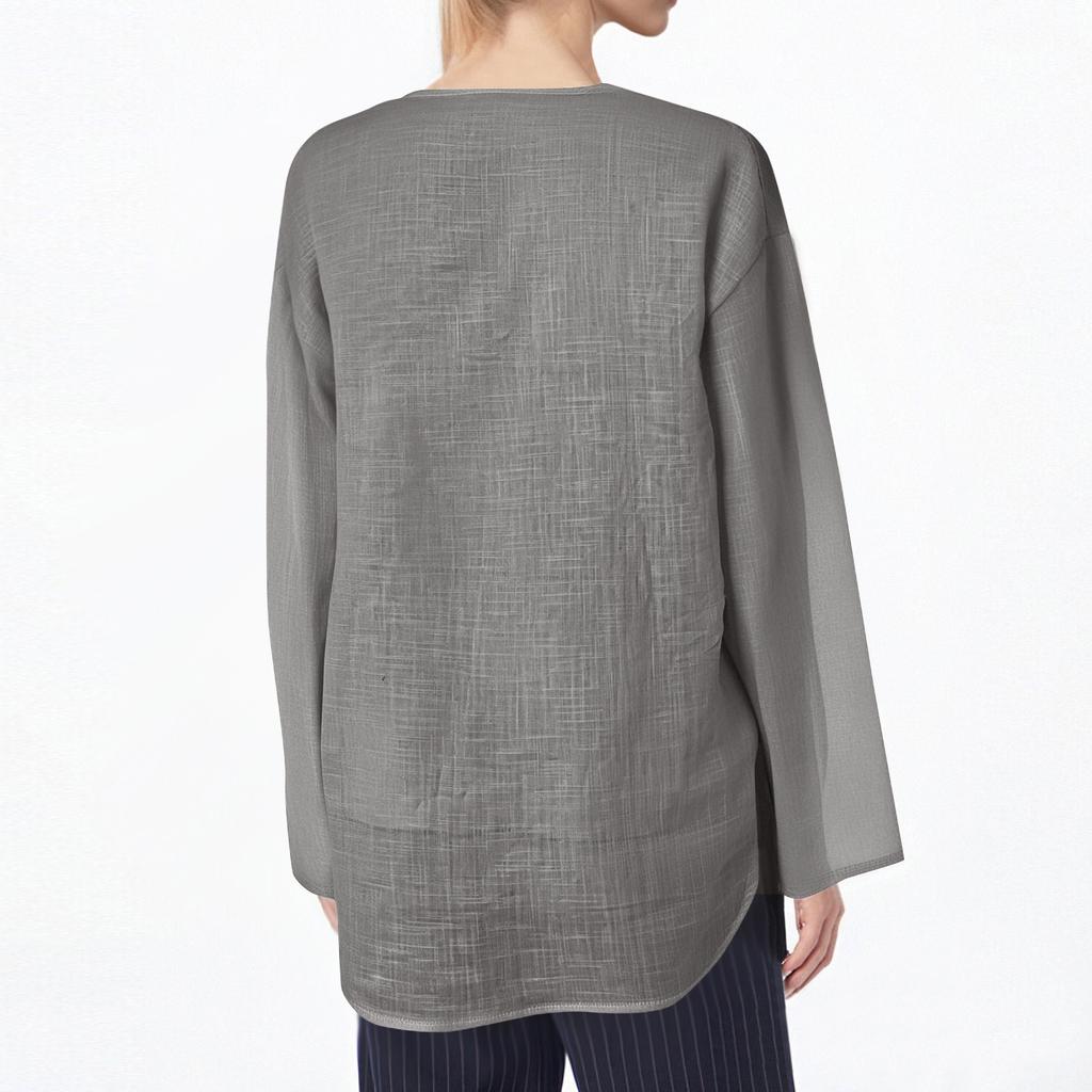 Women's Casual Loose Fashion Long Sleeve Cotton Linen Color Retro V-neck Pullover Shirt