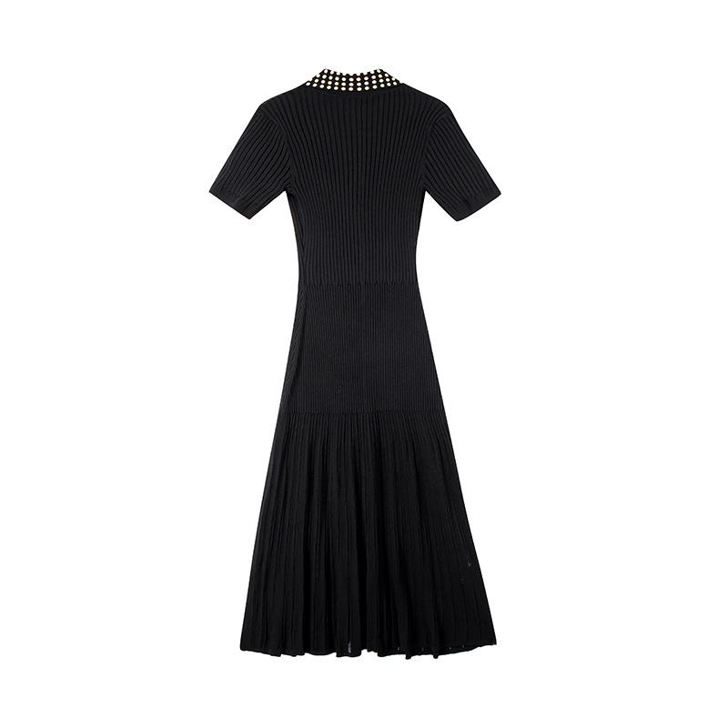 S Home High-end French Elegant Lady Black Lapel Short Sleeve Single-breasted Hot Diamond Skinny Long Knitted Dress