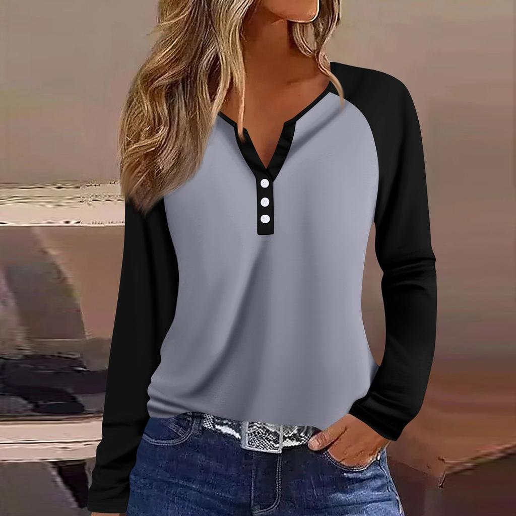 Women's T Shirt Color Block Button Long Sleeve Daily Weekend Fashion Basic V- Neck Regular Top