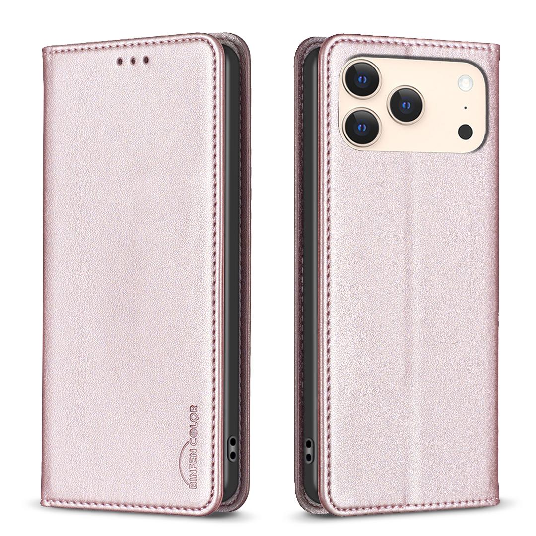 

For iPhone 17 Pro Leather Case BINFEN COLOR BF18 Phone Stand Cover with Card Slots Rose Gold