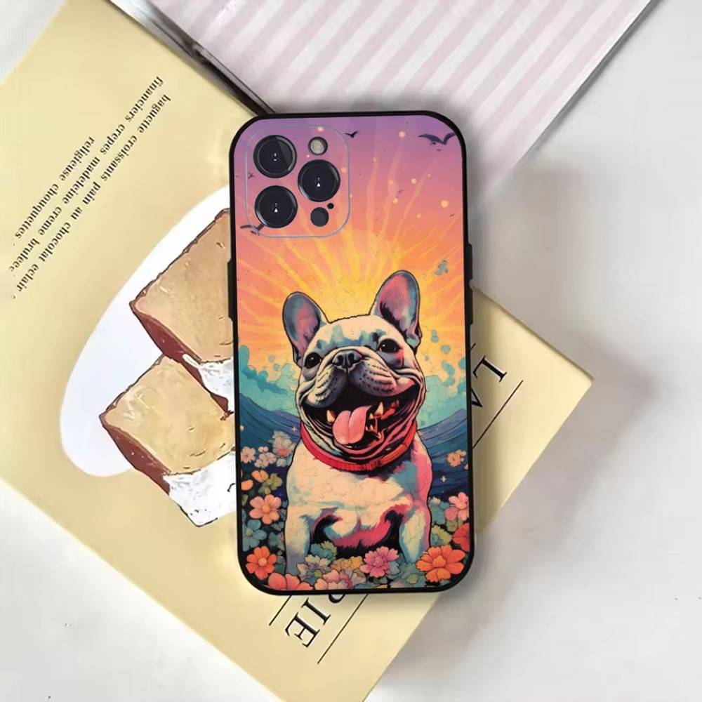 Cartoon Französische Bulldogge Handyhülle Für iPhone17,16,15,14,13,12,11 Plus,Pro Max,Weiche Schwarze Hülle