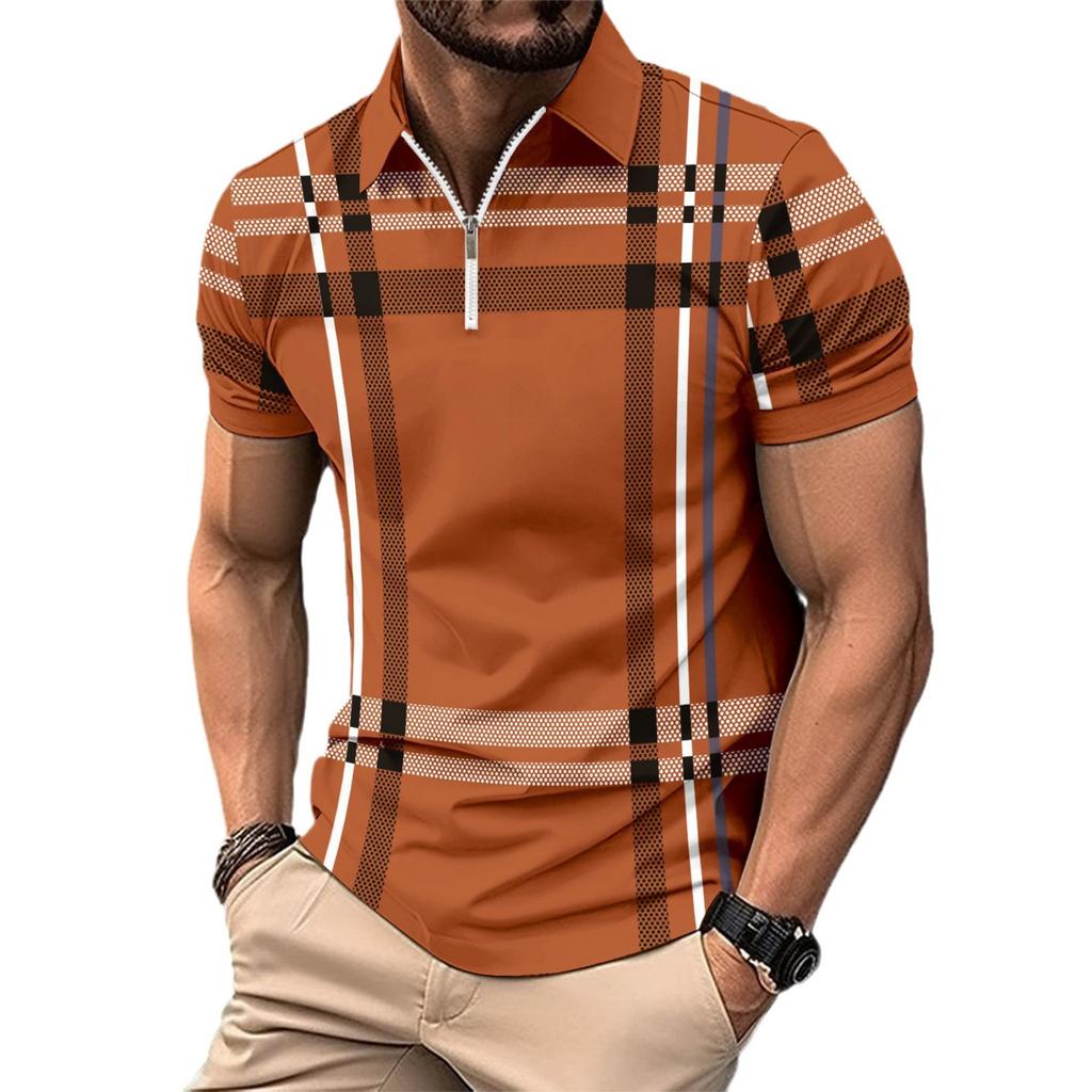 Men's Summer Printed Check and Striped Polo Shirt with Zip