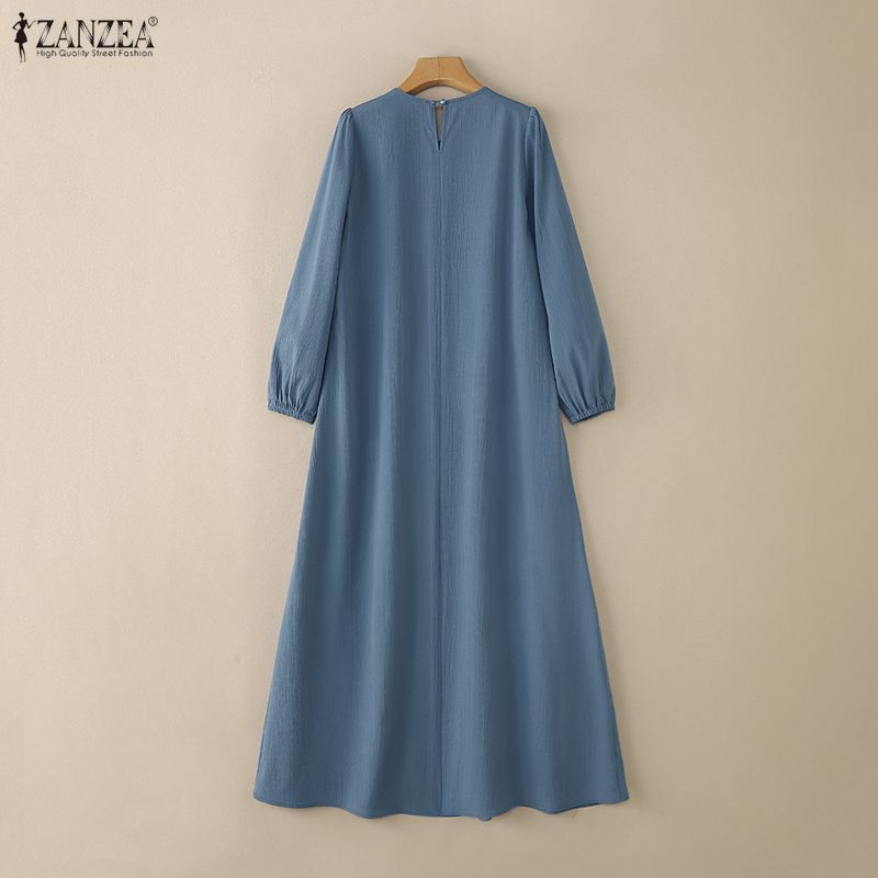 ZANZEA Women Casual Round Neck Solid Color Loose Long Sleeve Long Dress