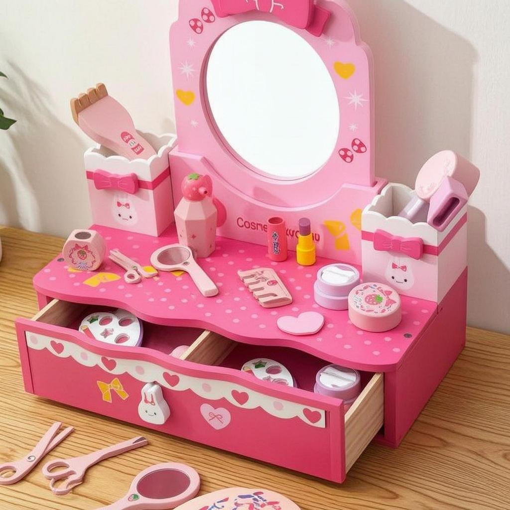 Toy Vanity with Mirror and Storage Drawer Tabletop Pretend Play Set