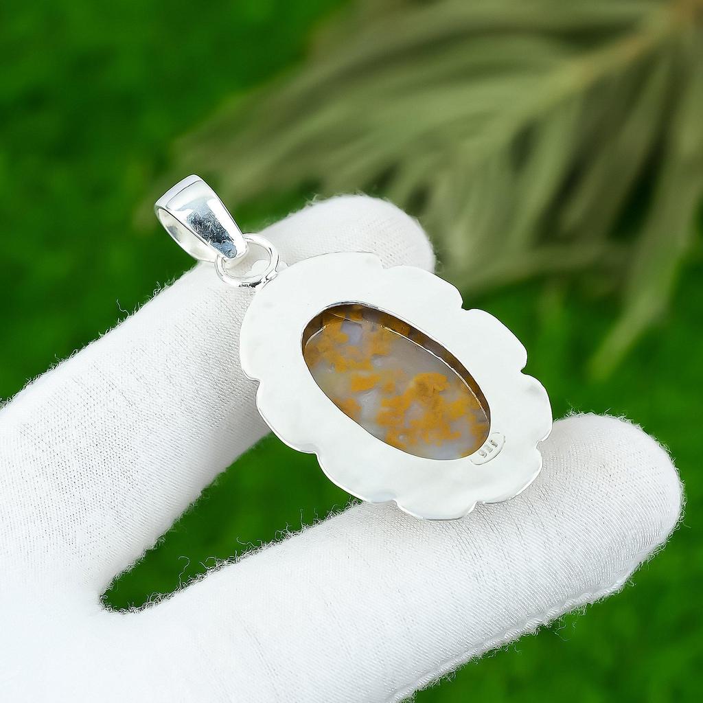 Mothers Day Sale Oval Natural Polka Dot Agate Bezel Birthday Pendant 925 Silver