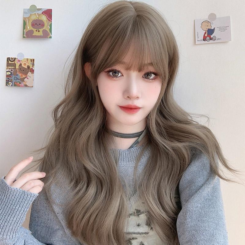 Bybrana Lange dunkelbraune Damenperücken mit Pony, Wasserwelle, hitzebeständige synthetische Perücken für Frauen