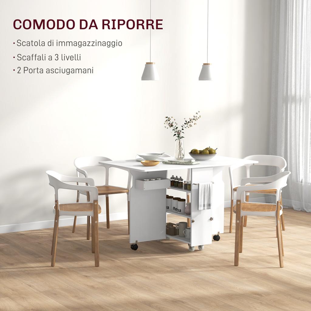 Folding Drop-Leaf Table with 3-Level Shelves, Box and Wheels, in MDF, 130x80x76.5 cm, White