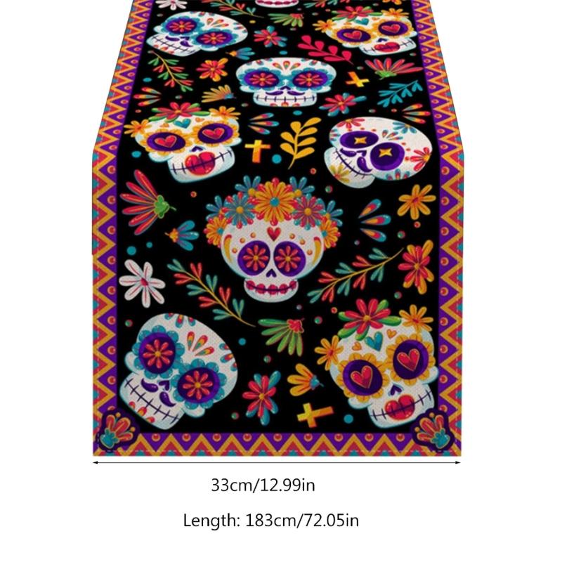 Horror Halloween Skull Table Runner Ethnic Mexico Flower Table Runner Day of The Dead Kitchen Dining Tablecloth Table