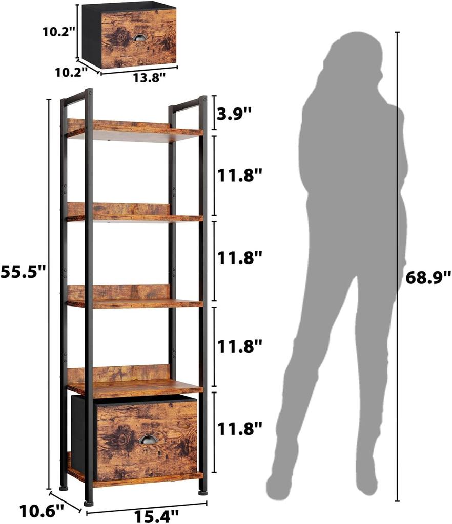 5-Tier Bookshelf with Drawer, Tall Narrow Wood & Metal Storage Shelf, Industrial Rustic Brown Standing Unit for Bedroom or Livin