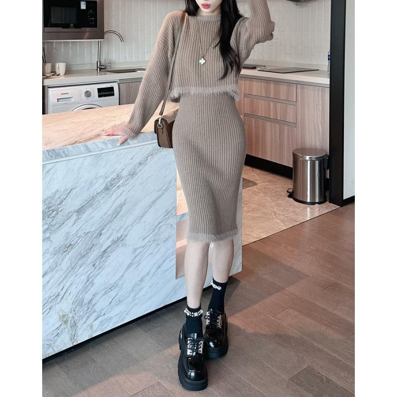 

Раннеосенняя женская одежда новый розовый трикотажный свитер с длинным рукавом топ комплект платье миди облегающее бедра длинное платье average size хаки