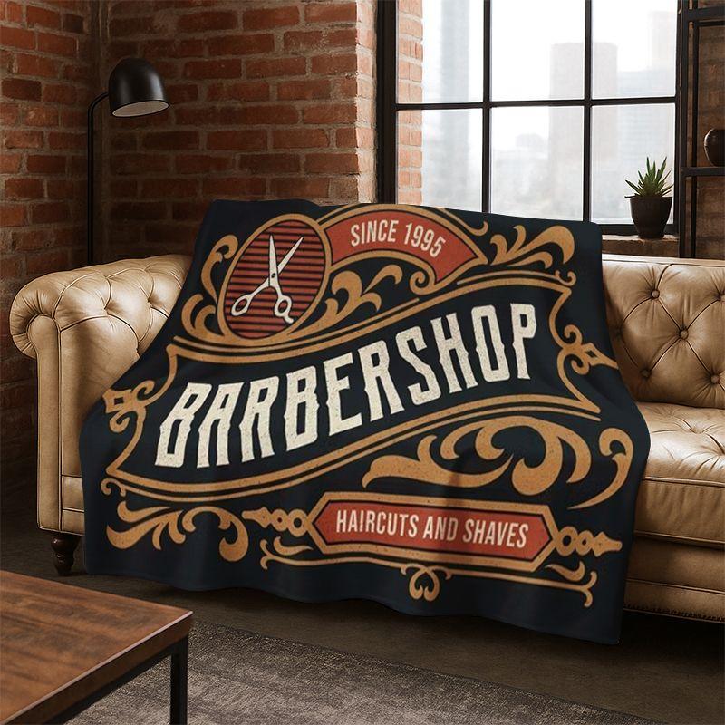 Vintage Barber Shop Logo Cartoon Flannel Blanket Soft Warm Throw Blanket for Bedroom Living Room Bed Travel Camping Picnic Gift