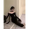 New Black One-word Shoulder Dress Women's Spring and Autumn Senior Sexy Hip-wrapped Dress Dress