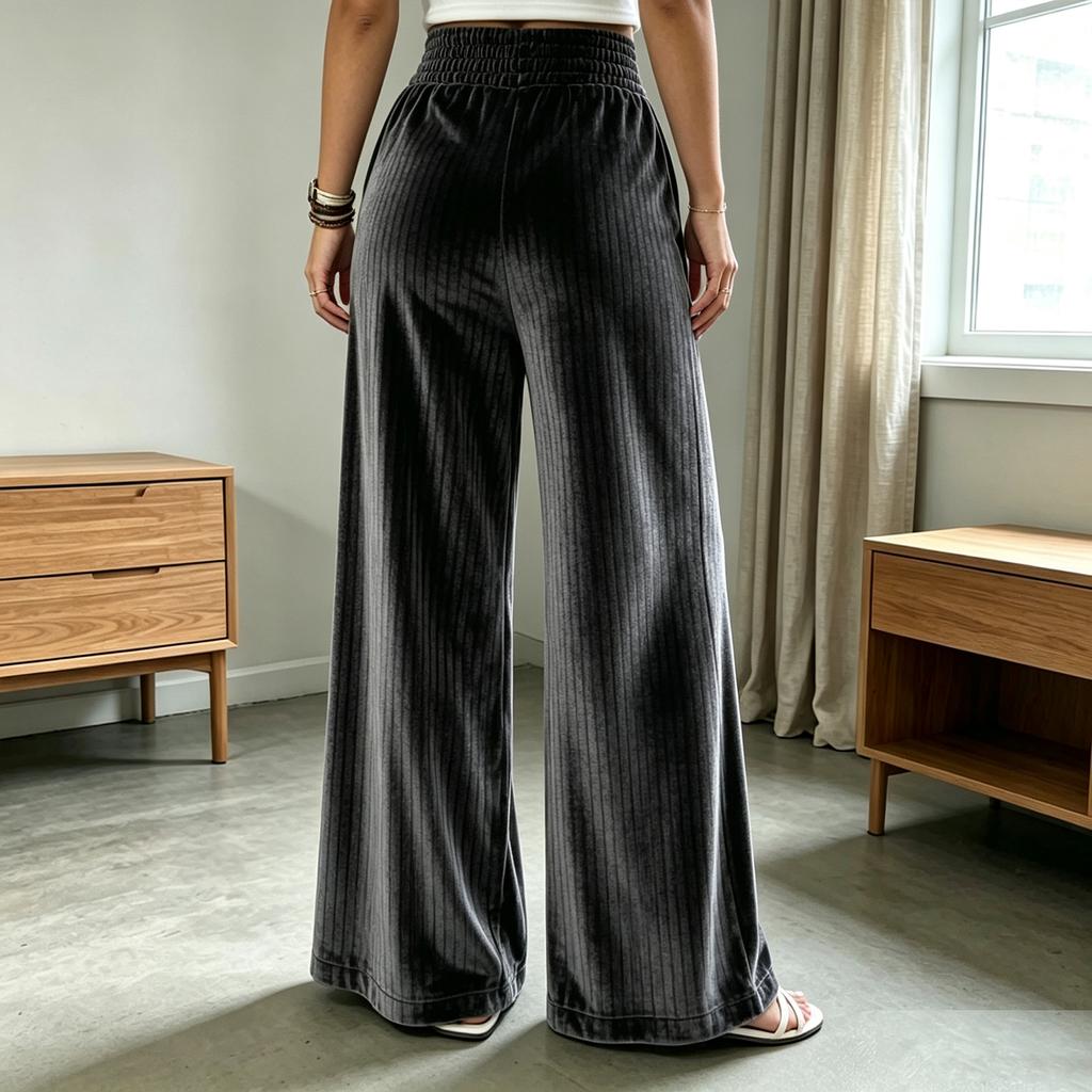 Women's Color Velvet Wide Leg Pants Loose Straight Fit Casual Trousers
