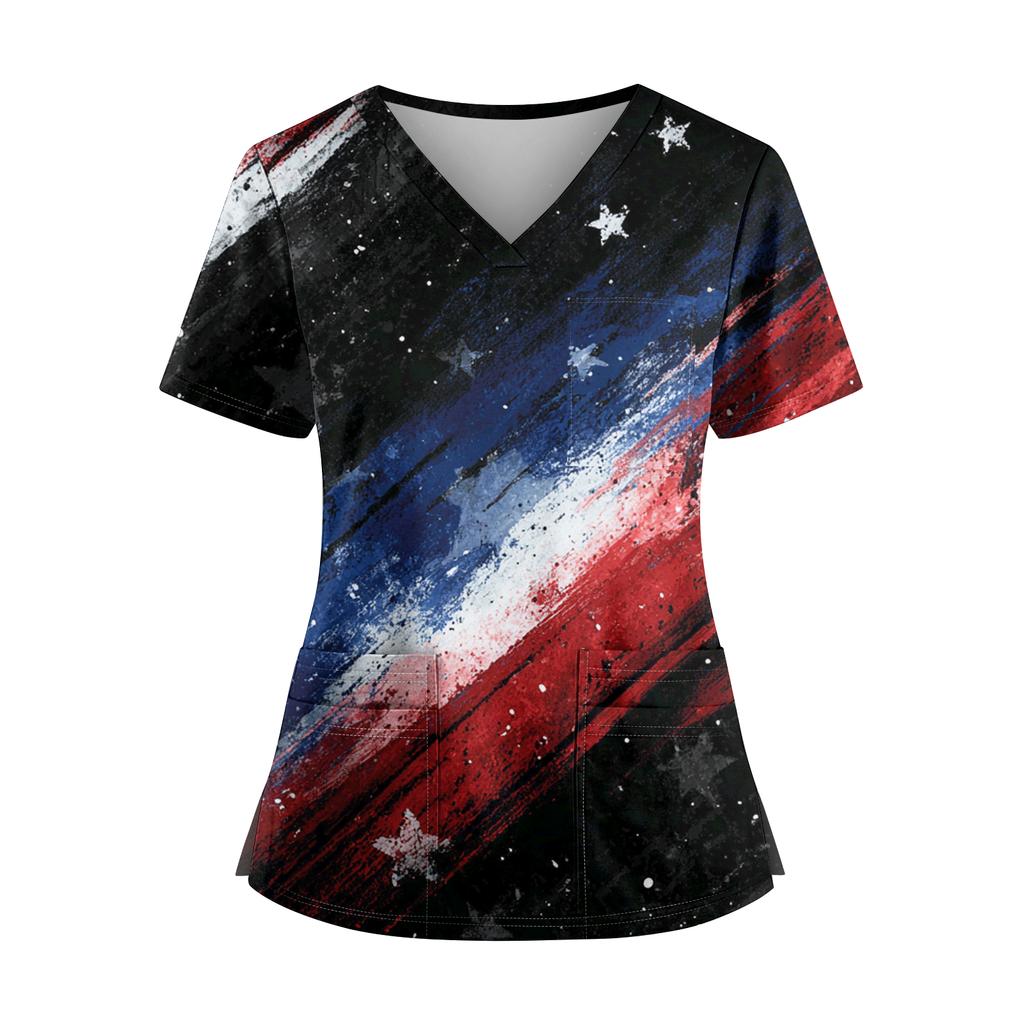 Women's Independence Day Print V-Neck Double Pocket Short Sleeve Uniform with Slit Hem - Caregiver Top