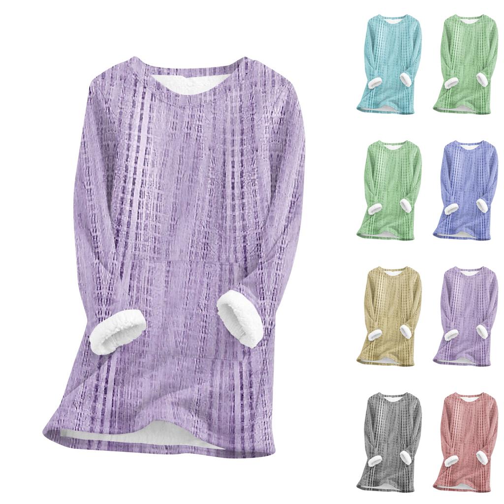 Women's Fashionable Printed Round Neck Long Sleeved Plush Warm Pullover Top