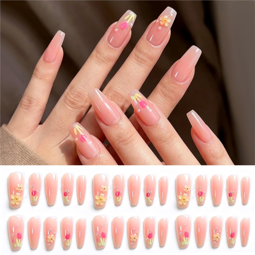 10/30pcs 5D Ice Transparent Pink Long Coffin False Nails 3D Cute Tulip & Acylice Flower Press On Nails Full Cover Fake Nails D&4