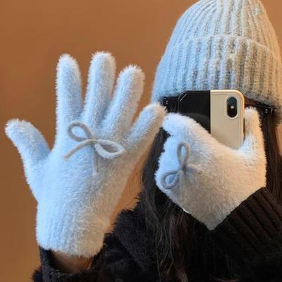 Women Fuzzy Thermal Gloves Fluffy Winter Thick Full Finger Gloves with Bows Solid Color Cute Warm Plush Gloves for Girls Cycling Daily Errands