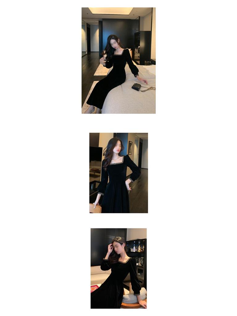 French Velvet Dress with Gold-Edged Square Collar - Retro Hepburn Style, New Spring/Autumn Collection, Black, Mid-Length Skirt