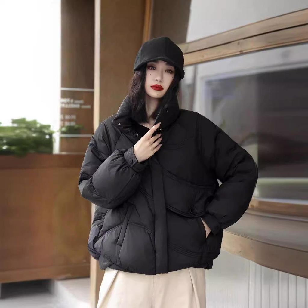 2024 Winter Women's Casual Retro Loose Stand Collar Patchwork White Duck Down Jacket