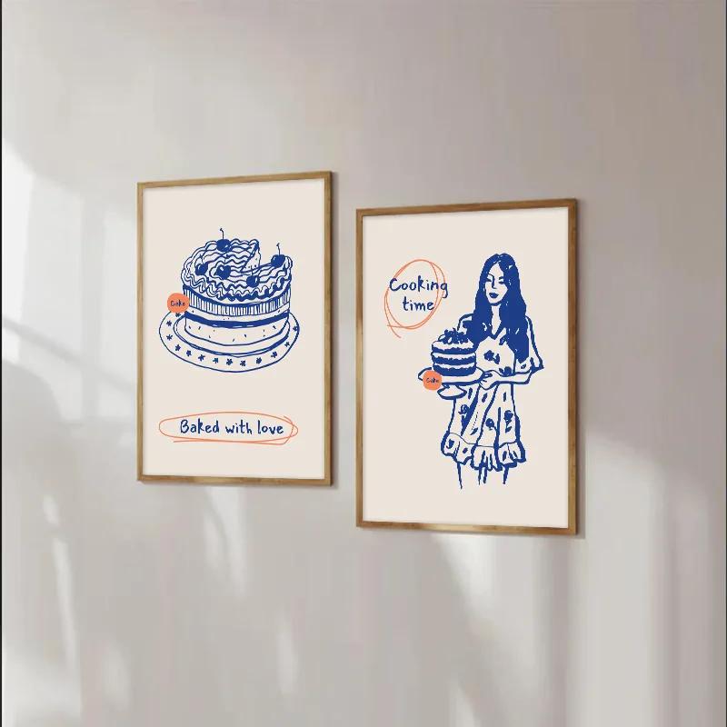 Modern Kitchen Wall Art Blue Tone Dessert Canvas Painting Dining Room Cooking Lovers Food Art Poster Living Room Home Decoration