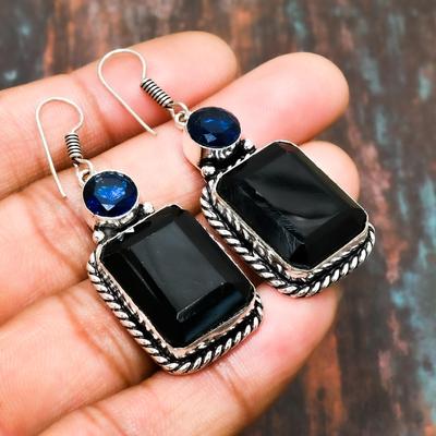 Schwarzer Spinell, Blauer Topas Edelstein 925 Sterling Silber Handgefertigter erstaunlicher Schmuckohrring