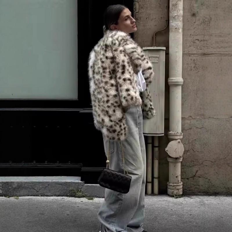 Womens Short Faux Fur Leopard Coat Winter Streetwear With Large Collar