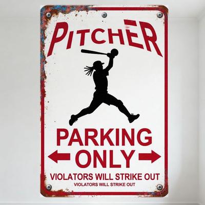 Vintage Baseball Pitcher Parking Only Metal Tin Sign - Rustic Iron Plaque with Bat & Ball Illustration, Violators Will Strike Ou