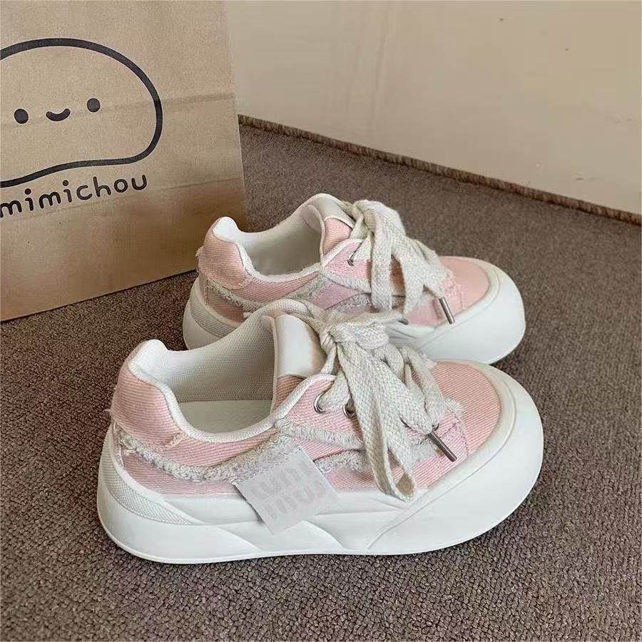 

Thick-soled New Year s New Spring and Autumn Breathable Canvas Shoes Leisure Sports Student Bread Shoes 35【foot length 22.5cm】 розовый