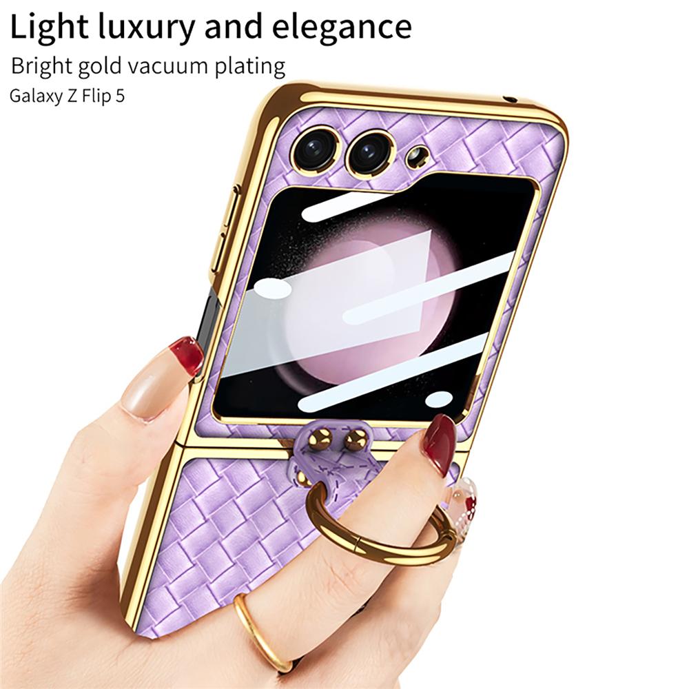 Ultra-thin Plating Phone Cover Case For Samsung Galaxy Z Flip 5 Cases with Metal Ring, Camera Screen Protection, Luxury Leather