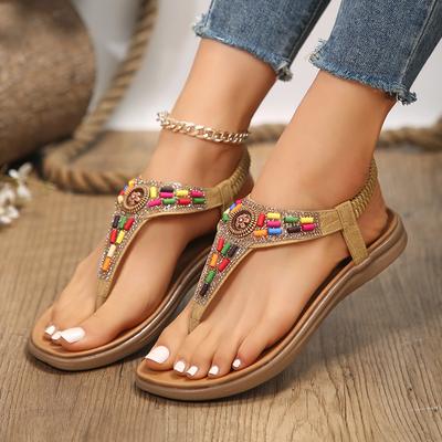 Sandales Gladiateur d'Été 2024 à Clip pour Femme Sandales Bohèmes à Talons Plats Vintage Femme Grande Taille 43 Antidérapantes Plage Tongs