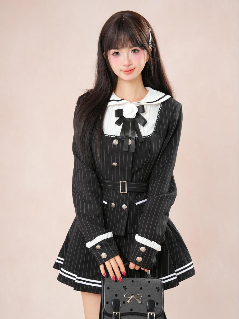 Women's Double-Breasted Black Striped Jacket & Pleated Skirt Set - Japanese Academy Style, Autumn/Winter Collection