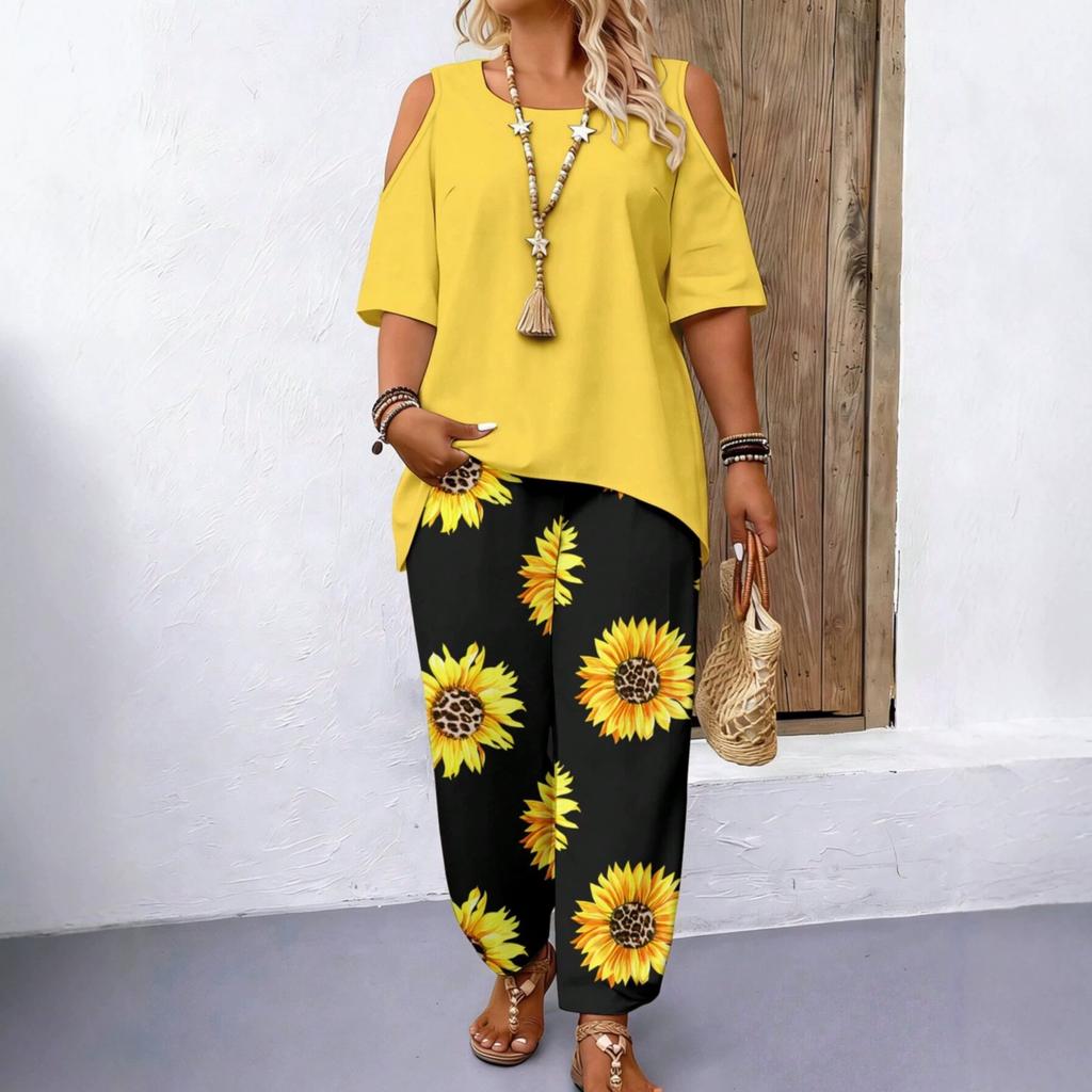 Nuovo Stile Tuta Casual da Donna Stampata Larga Due Pezzi Pantaloni a Maniche Corte e Top alla Moda Off-the-shoulder