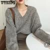 Women's V-neck Pullover Sweater Women's Loose Fitting Autumn and Winter Korean Style New Retro Knit Sweater