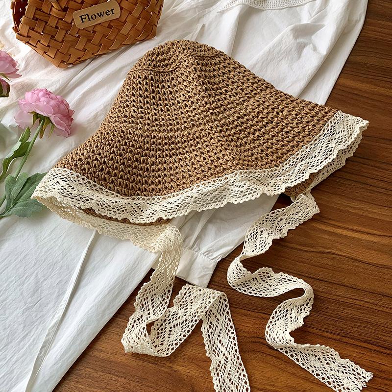 Elegant Ladies' Lace-Trimmed Straw Hat UV-Resistant Sun Protection | Stylish Beige Bucket Hat with Bow Detail for Beach Vacations