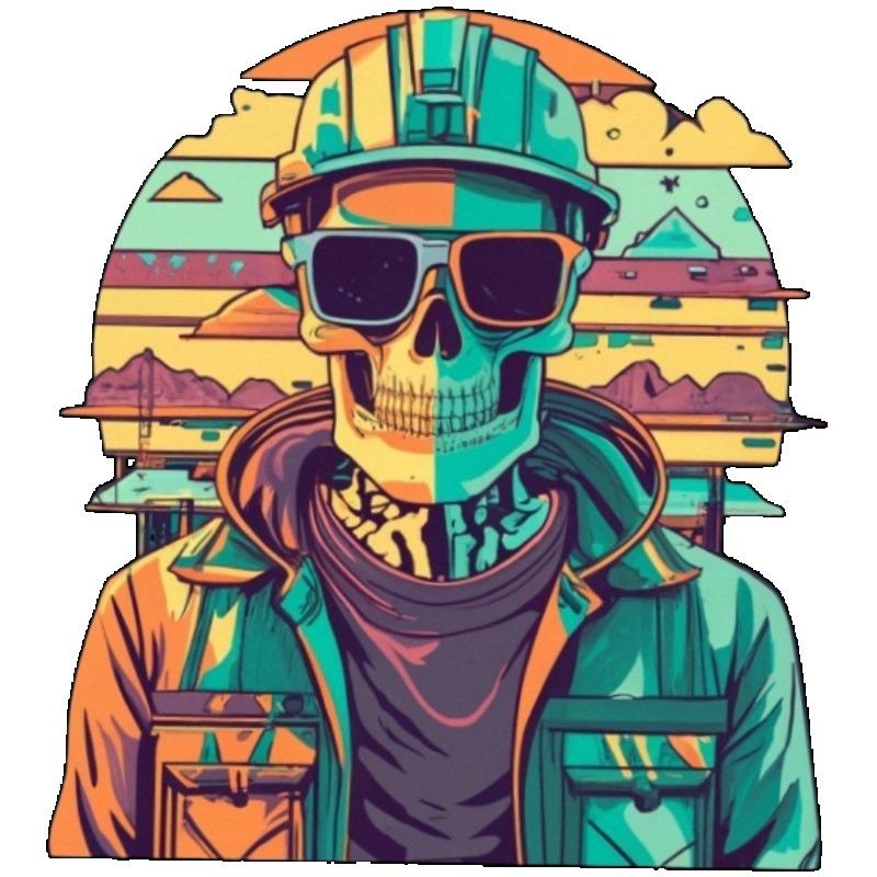 Black T Shirt with Colorful Skull Worker Graphic Print for Casual Wear