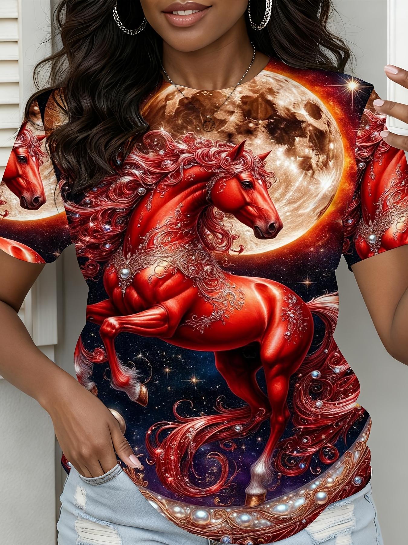 

Women s Summer T-shirt Featuring a Print Design of a Red Horse and Moon. Short-sleeved Casual Style. Embodying a Mysterious and Dreamy Vibe. Perfect f M дубильна кора
