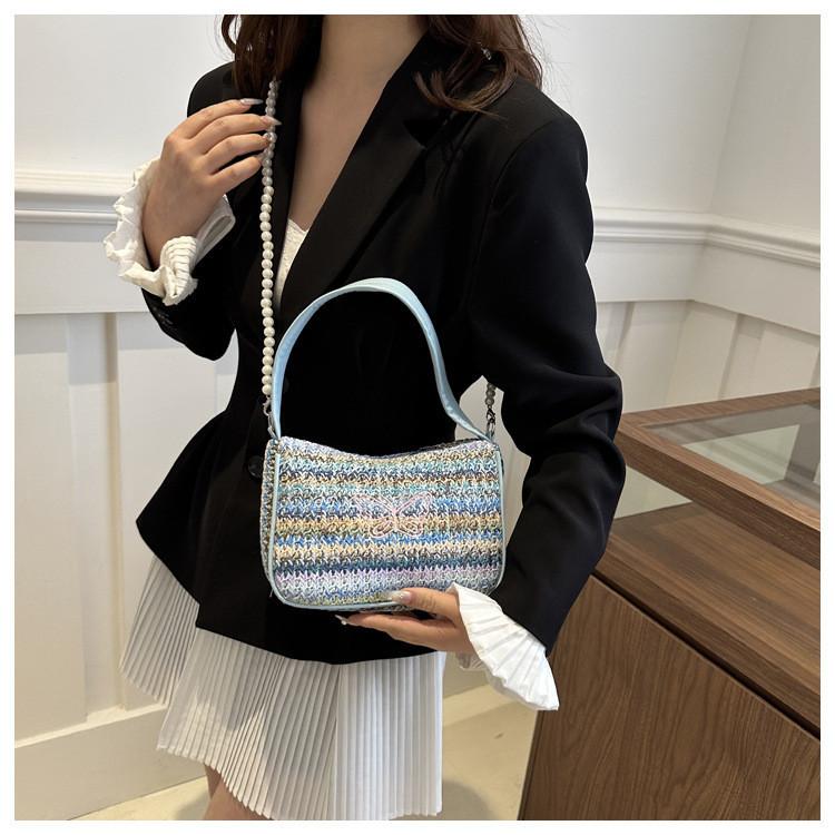Stylish National Style Woven Bag With Pearl Chain Strap Small Shoulder Bag For Casual Outfits