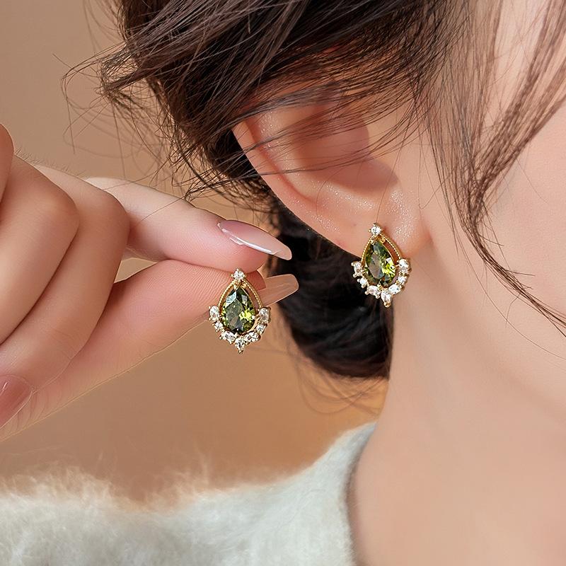 Elegant Olive Green Zirconia Teardrop Earrings: Retro Court Style, Luxurious, Fashionable, and Versatile Jewelry for Women