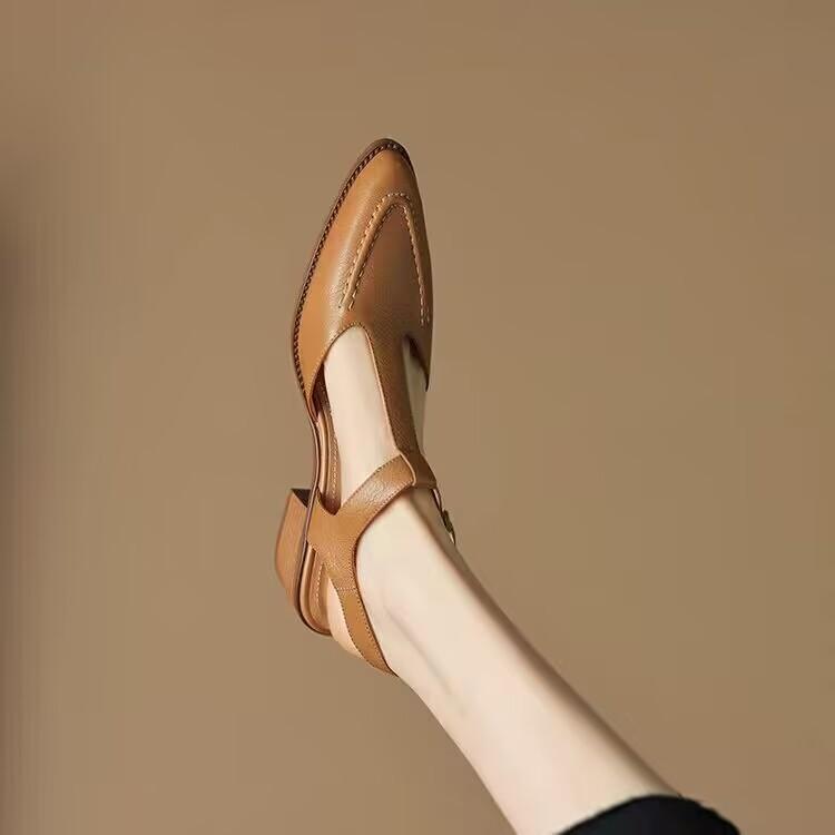 Retro Bag Head Sandals Women's 2025 Spring and Summer New Pointed T-shaped Shoes Thick Heel Soft Leather Hollow Simple Single Shoes