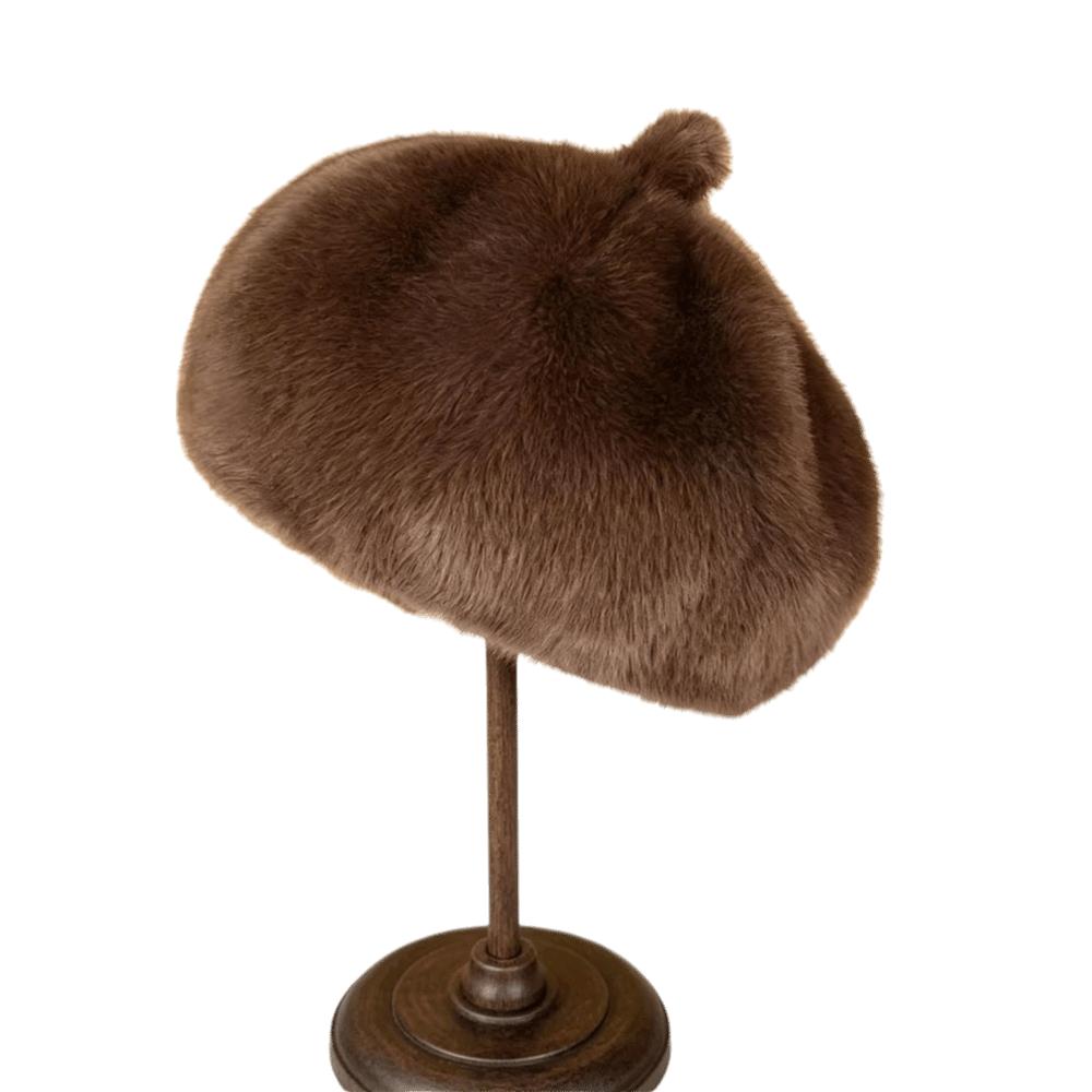 Leopard Print Faux Rabbit Fur Beret Flush Furry Fluffy Plush Beret Octagonal Beanie Cap  Women Girl