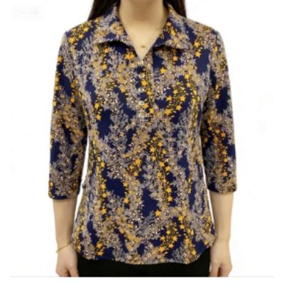 Dames Donkerblauw Ster Bloemenprint Polokraag Halve Mouw Blouse