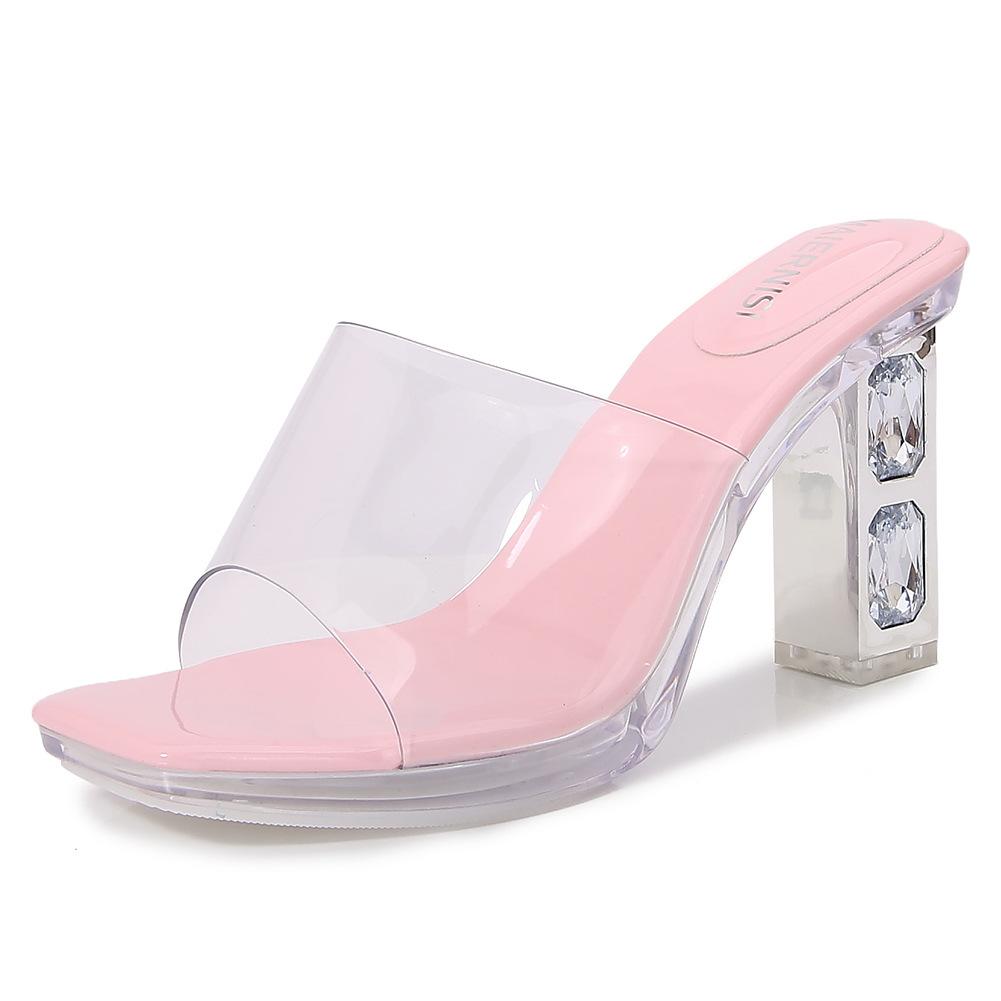2025 Sommer Transparente PVC Plateau Damen Hausschuhe Sandalen Elegant Eckige Zehenpartie Kristall Dicke Hohe Absätze Pantoletten Seiten Schuhe